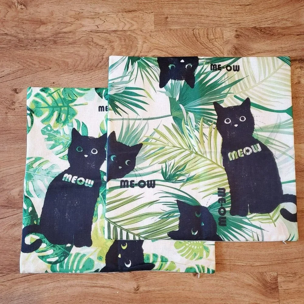 Decorative Pillow Cover, Black Cats in Ferns, Meow, Cat Lady, Canvas 18
